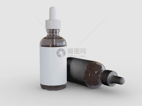 3d插图一套两瓶滴水在孤立的背景上贴空白标签模型药物和化妆品概念图片