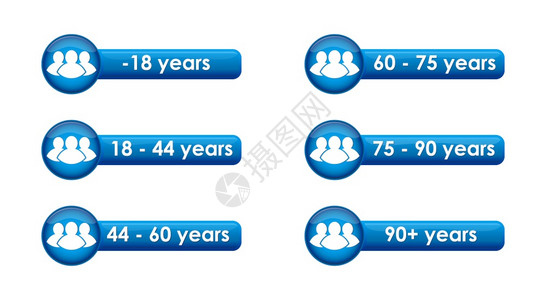 一组带有统计调查和人口与公民分类年龄限制的矢量按钮图片
