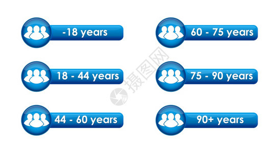 一组带有统计调查和人口与公民分类年龄限制的矢量按钮图片