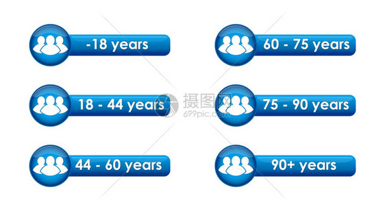 一组带有统计调查和人口与公民分类年龄限制的矢量按钮图片