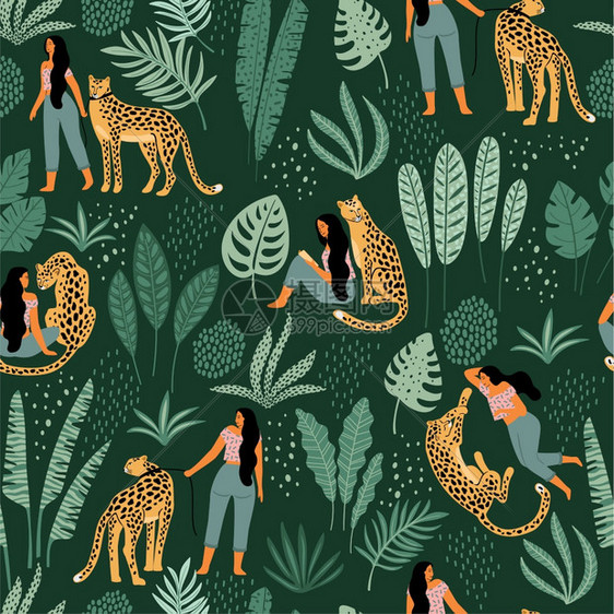 女孩豹子和热带植物背景图片