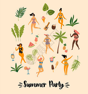 泳衣和热带棕榈叶中舞女的矢量说明夏季聚会概念的设计要素和其他用途泳衣和热带棕榈叶中舞女的矢量说明图片