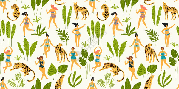与泳衣和豹子中的舞女无缝矢量模式夏季派对概念的设计元素及其他用途与泳衣和豹子中的舞女无缝模式图片