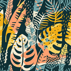 亚洲美女时尚抽象热带植物艺术背景设计插画