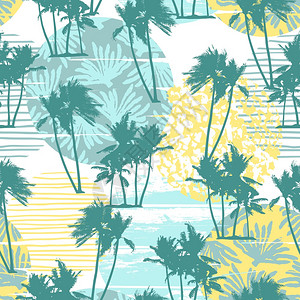 巴西海滩具有热带棕榈和几何背景的无缝异国模式纸张封面布料室内装饰和其他用户的现代抽象设计插画