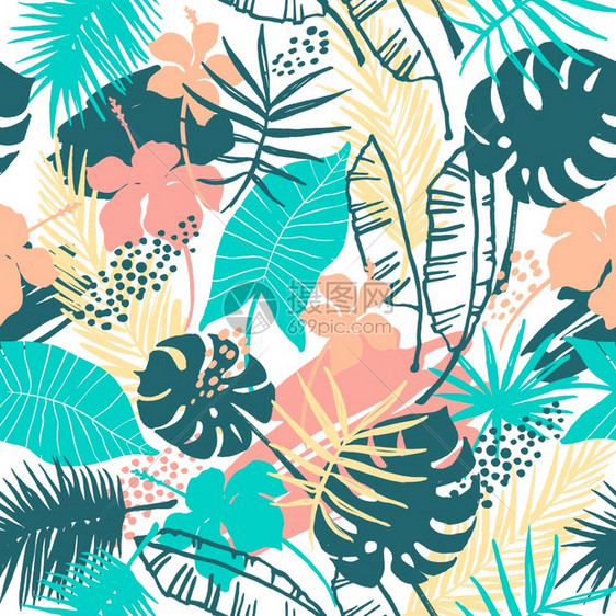 热带植物的无缝异国模式矢量手画背景图片