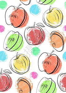 以不同形状的苹果为无缝图案单形和半的苹果配有粗体彩色点用于壁纸背景布料和创造力的纹理图片