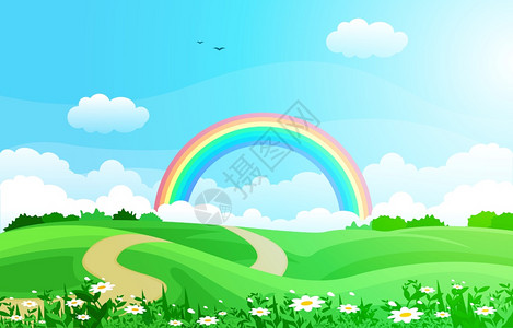 美丽的彩虹天空绿色草地自然景观图图片