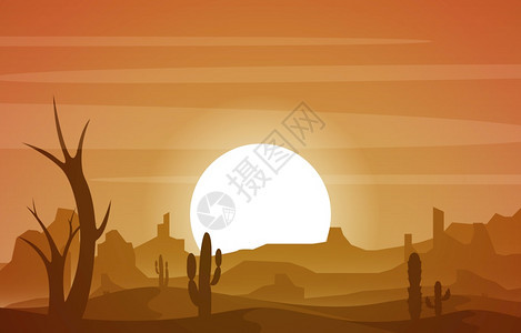 美丽的西部沙漠景观带有天空岩悬崖山体矢量插图图片