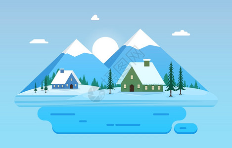 纹理卡通冬季风雪景观带松树插画