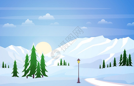 日出 沙滩冬季风雪景观配有松树山林矢量插图插画