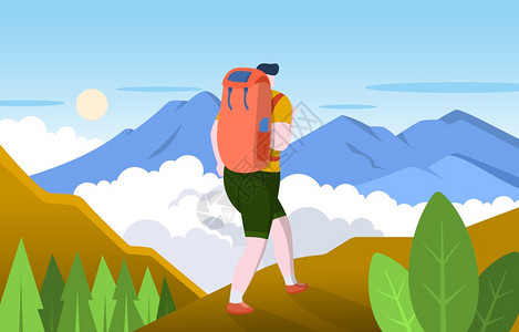 海拔高度背着背包爬山的男孩插画