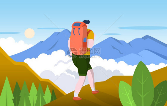 背着背包爬山的男孩图片