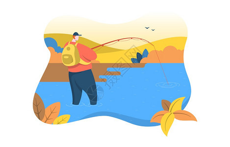 在河水中手持鱼竿钓鱼的男子图片