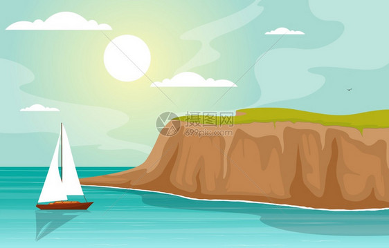 美丽的大海海滩帆船插画图片
