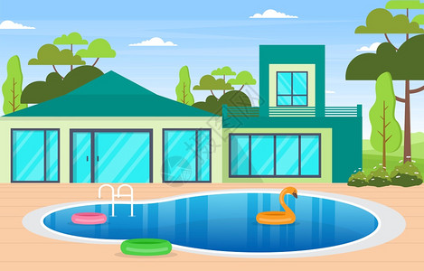 现代别墅外部后院游泳池插图图片