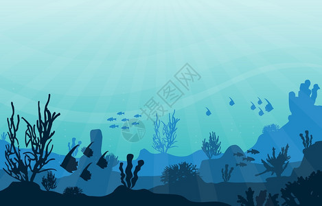 深海风光珊瑚海草鱼群剪影图片