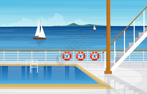 游泳池水游轮甲板的海景游泳池插画