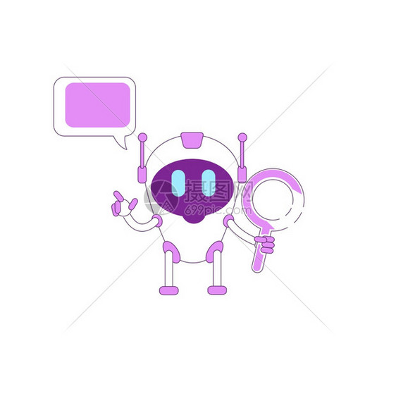 具有语音泡孤立漫画插图的紫人型机器用于网络图形设计和动画图片