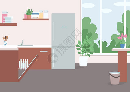家用平户住的彩色矢量说明用冰箱厨房和开洗碗衣机在有家具的餐厅内做务住2D卡通室内背景有墙窗背景图片