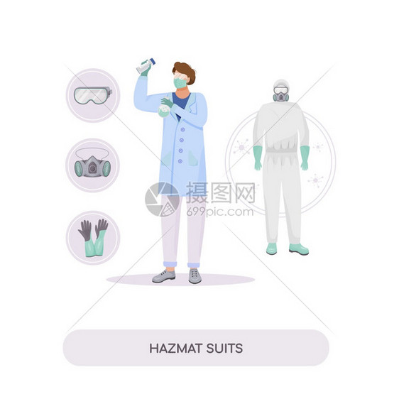 哈兹马特适合平式概念矢量说明辐射防护工作服手套化学家和用于网络设计的防护目镜2d卡通字符防护服装创造想法辐射防护工作服说明辐射防图片