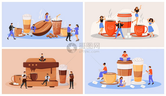 咖啡平板文化概念矢量插图集咖啡制作机准备美式咖啡的酒吧餐馆访客2D卡通人物用于网络设计图片