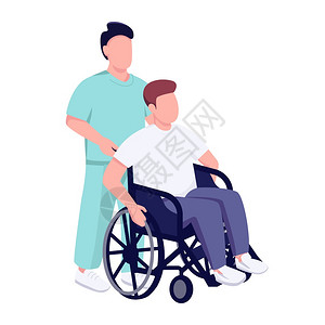 推着坐轮椅病人的男医生卡通矢量插画图片
