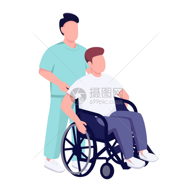 推着坐轮椅病人的男医生卡通矢量插画图片
