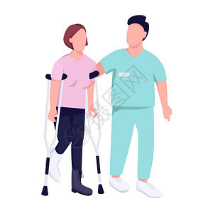 女患者在石膏和创伤学家中腿折断的女病人为网络图形设计和动画绘制了孤立的漫画插图图片