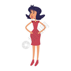 愤怒的女子平板卡通矢量插图穿着红裙子的优雅黑发女士感到沮丧准备使用2D字符模板进行广告动画打印孤立的漫画英雄图片