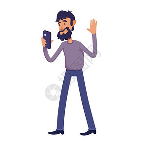 男有视频电话准备使用2D字符模板用于商业动画打印设计孤立的漫画英雄图片