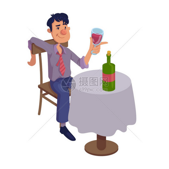 醉男子坐在桌边的卡通矢量插图上仅酒精饮即可准备在广告动画印刷设计中使用2D字符模板孤立的漫画英雄图片
