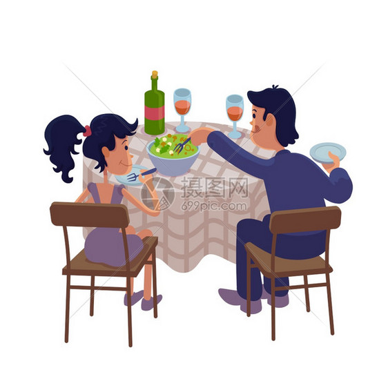 夫妇在餐桌上吃饭准备使用2D字符模板用于商业动画印刷设计图片