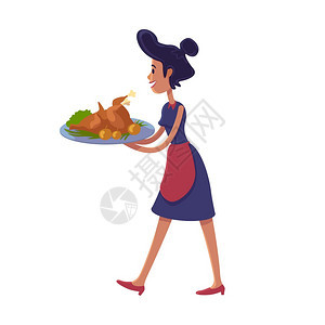 有感恩餐的家庭主妇准备使用2D字符模板用于商业动画印刷设计孤立的漫画英雄图片