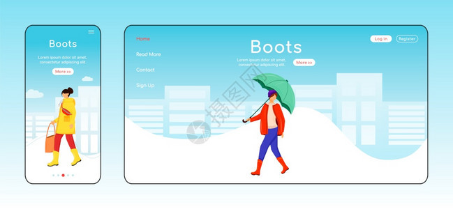 带伞式主页布局的女湿天气一页网站界面卡通字符口罩横幅上行走的女士网页图片