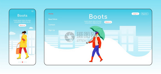 带伞式主页布局的女湿天气一页网站界面卡通字符口罩横幅上行走的女士网页图片