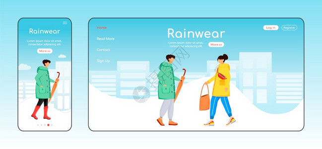 雨衣和靴子主页布局男离开一个页面网站界带有卡通字符雨天网络横幅页图片