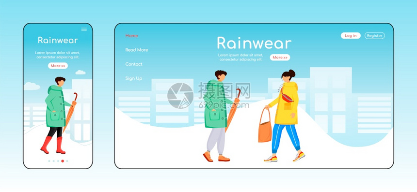 雨衣和靴子主页布局男离开一个页面网站界带有卡通字符雨天网络横幅页图片