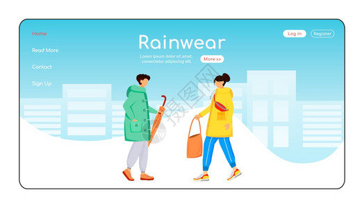 雨衣和靴子主页布局男离开一个网页站界面带有卡通字符雨天网络横幅页图片