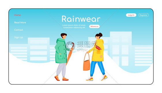 雨衣和靴子主页布局男离开一个网页站界面带有卡通字符雨天网络横幅页图片