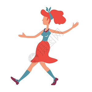 红发女孩舞着平淡的彩色矢量面部不露的格1950年代的风格女人摇滚的姿势时髦老式causin淑女裸露的野马舞者孤立的漫画插图舞着平图片