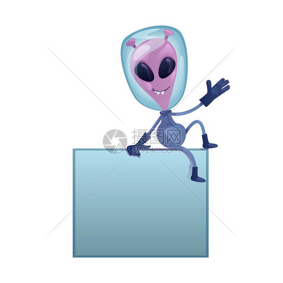 友好的外星人平面卡通矢量插图欢迎外星人使用空横幅准备使用2D字符模板用于商业动画打印设计孤立的漫画英雄图片