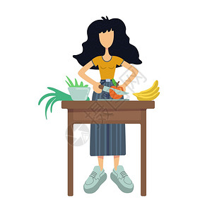 切好蔬菜零废物平板卡通矢量说明妇女切水果健康烹饪素食品准备使用2D格模板于商业动画印刷设计孤立的漫画英雄插画
