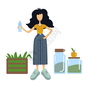妇女持有玻璃瓶使用无害生态的容器准备使用2D字符模板于商业动画印刷设计图片