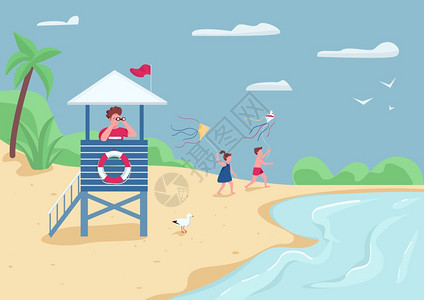 在海边放风筝的儿童和时刻注意安全的救生员图片