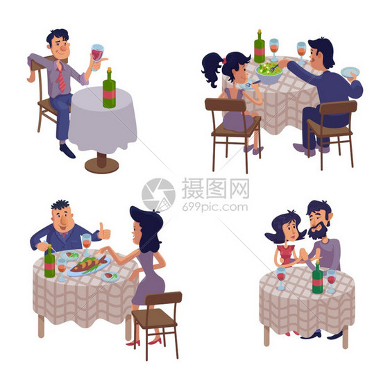 男女在浪漫的约会中醉酒男在桌子上准备使用两张漫画人物集模板用于商业动画印刷图片