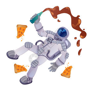 具有食品卡通矢量图解的宇航员带有瓶子和比萨片的宇航员准备使用2D字符模板用于商业动画印刷设计孤立的漫画英雄图片