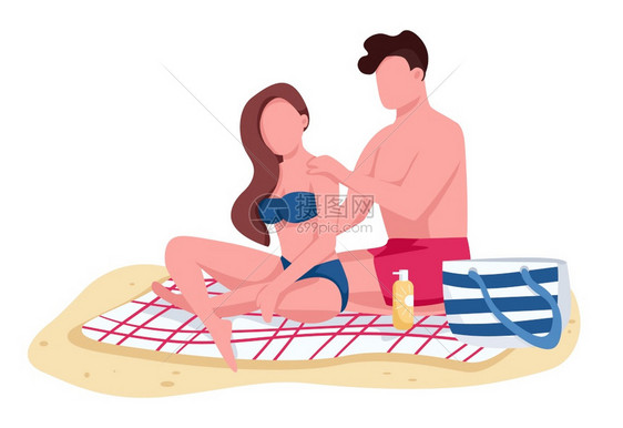 两对夫妇在海滩上涂防晒图片