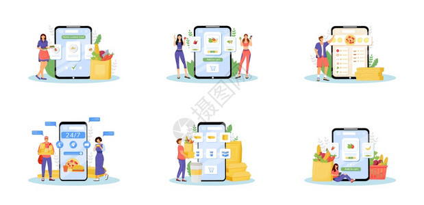 在线食物订购固定概念矢量插图互联网鳄鱼家用厨房食送货服务比喻产品买家快餐递员和烹饪2个卡通人物图片