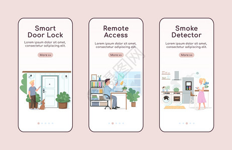 安装移动应用程序屏幕平板矢量模的移动应用程序屏幕上的智能家用安全远程访问和自动化徒步通过带有字符的网页步骤uxig智能手机卡通界图片